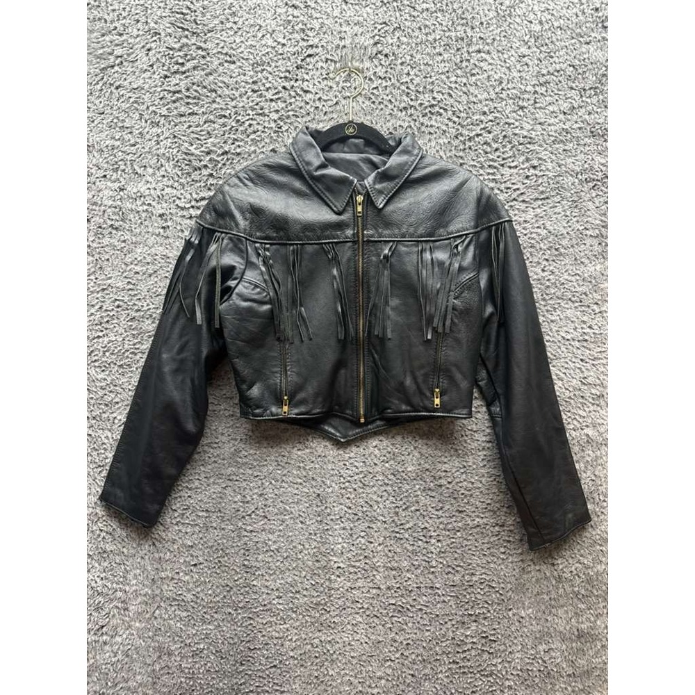 Protech Leather Apparel Fringed Leather Cropped Biker Jacket Black Women Size 12